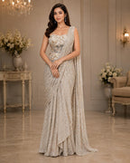 White Ready-to-Wear Drape Saree with Heavy Hand Embroidered Blouse, Designer Cocktail Saree, Imported Fabric