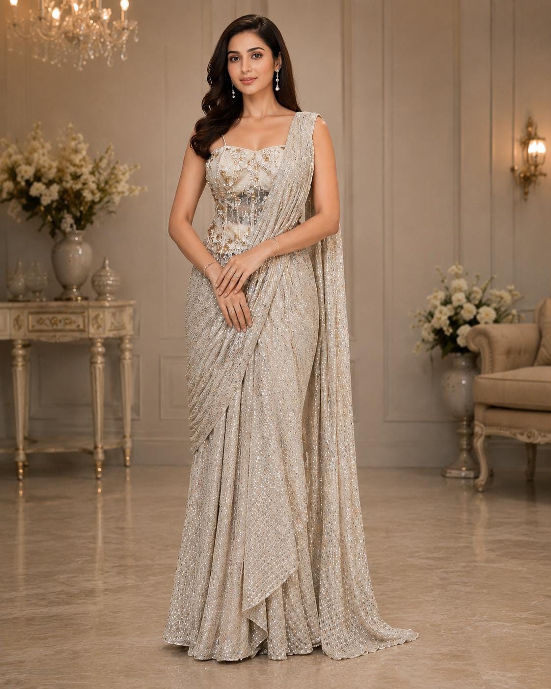 White Ready-to-Wear Drape Saree with Heavy Hand Embroidered Blouse, Designer Cocktail Saree, Imported Fabric