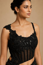 Black Ready-to-Wear Drape Saree with Heavy Hand Embroidered Blouse, Designer Cocktail Saree, Imported Fabric