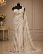 White Ready-to-Wear Drape Saree with Heavy Hand Embroidered Blouse, Designer Cocktail Saree, Imported Fabric