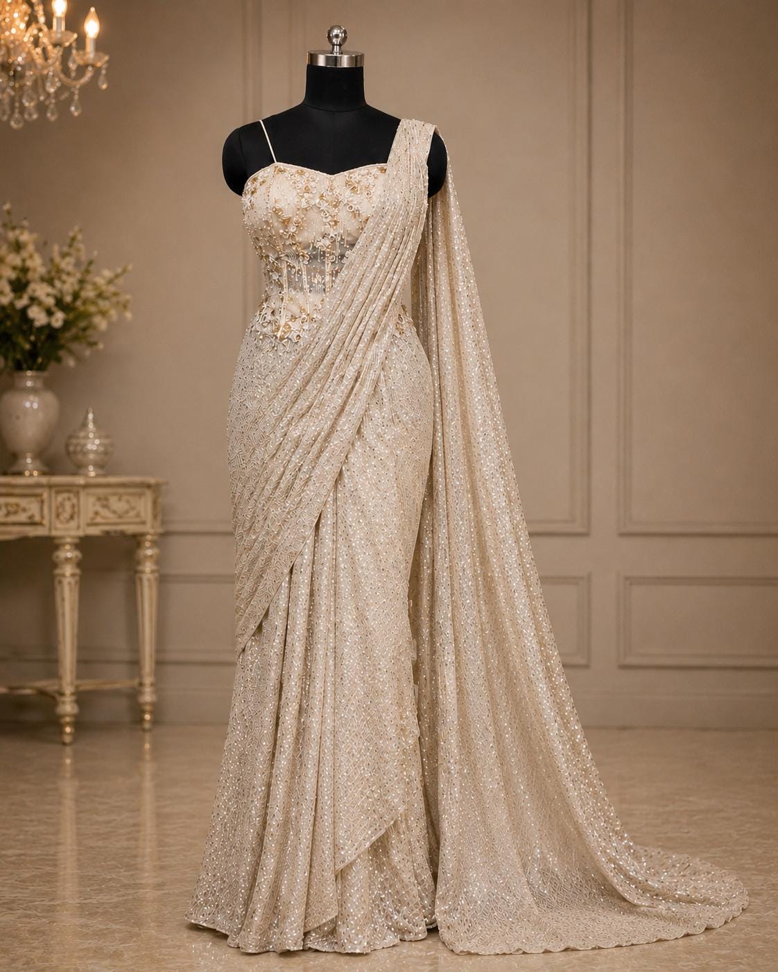 White Ready-to-Wear Drape Saree with Heavy Hand Embroidered Blouse, Designer Cocktail Saree, Imported Fabric