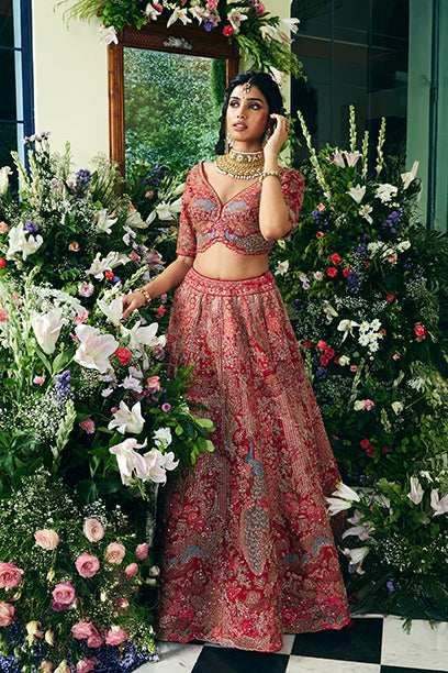 Regal Ruby Red Hand-Embroidered Bridal Lehenga