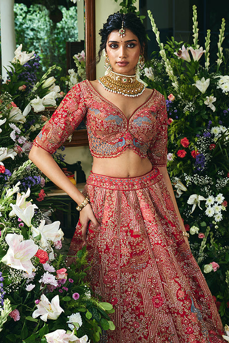 Regal Ruby Red Hand-Embroidered Bridal Lehenga