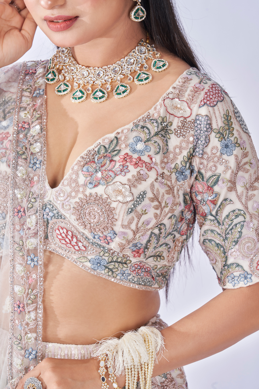 IVORY MULTI-COLOR FLORAL EMBROIDERED LEHENGA SET