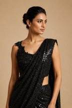 Black Ready-to-Wear Drape Saree with Heavy Hand Embroidered Blouse, Designer Cocktail Saree, Imported Fabric