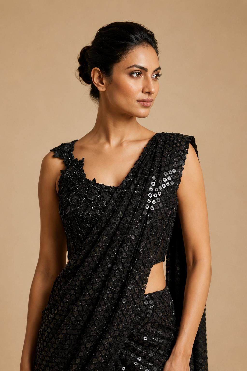 Black Ready-to-Wear Drape Saree with Heavy Hand Embroidered Blouse, Designer Cocktail Saree, Imported Fabric