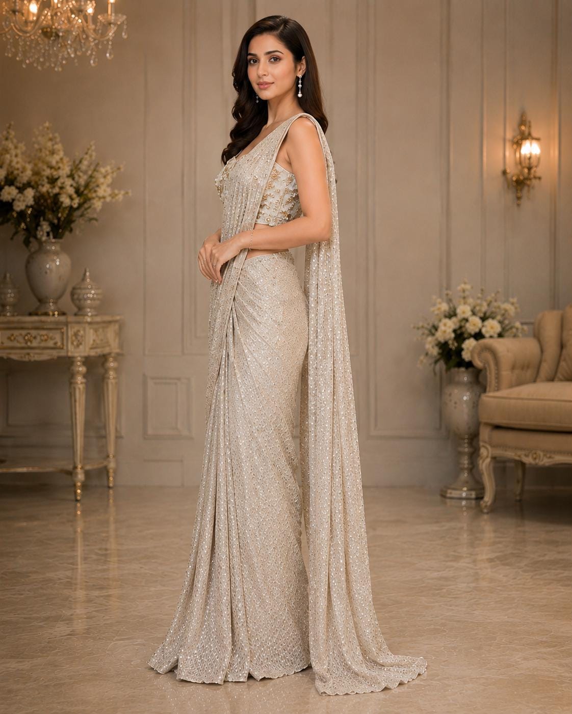 White Ready-to-Wear Drape Saree with Heavy Hand Embroidered Blouse, Designer Cocktail Saree, Imported Fabric