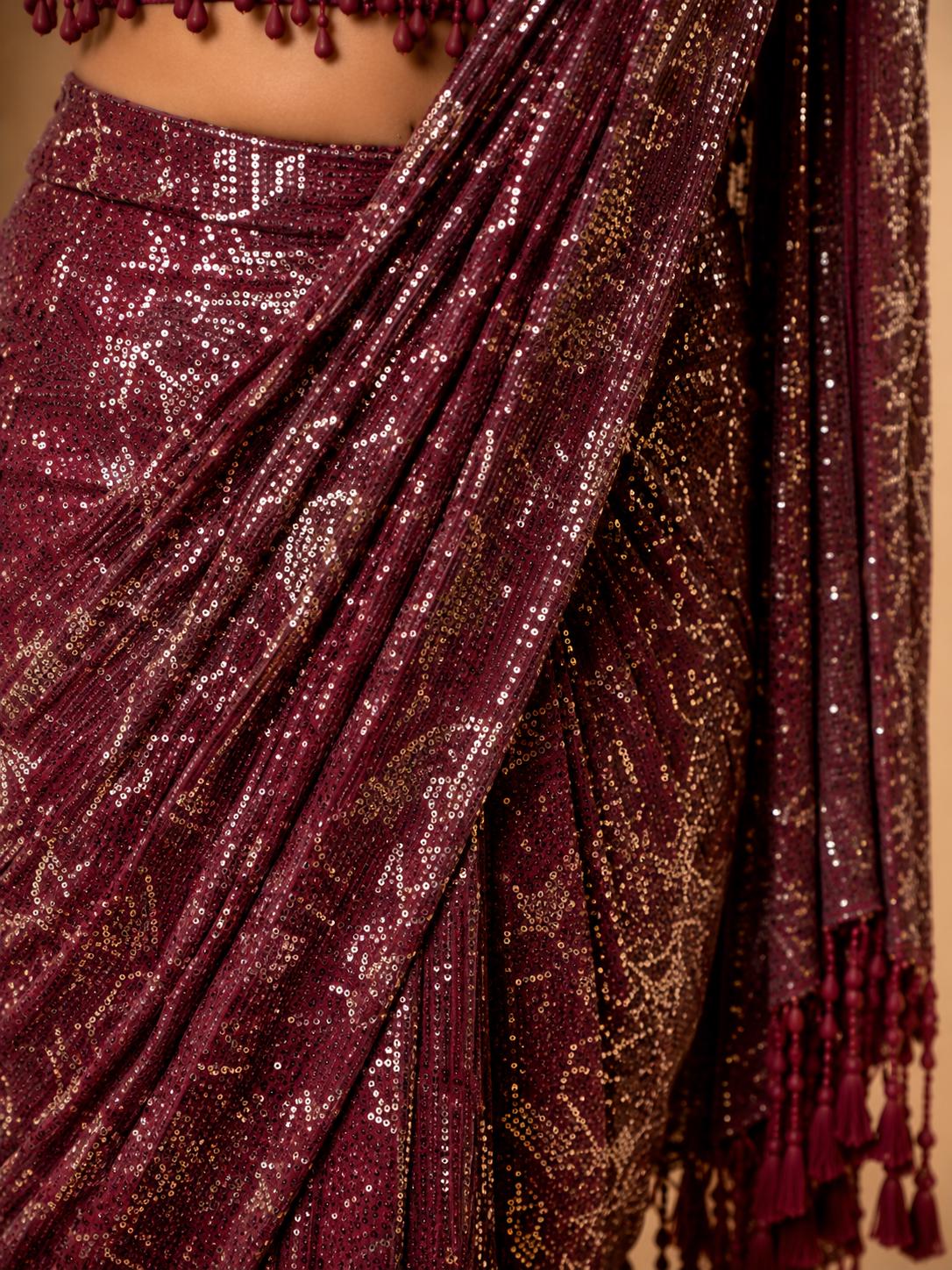 Maroon Ready-to-Wear Drape Saree with Heavy Hand Embroidered Blouse, Designer Cocktail Saree, Imported Fabric