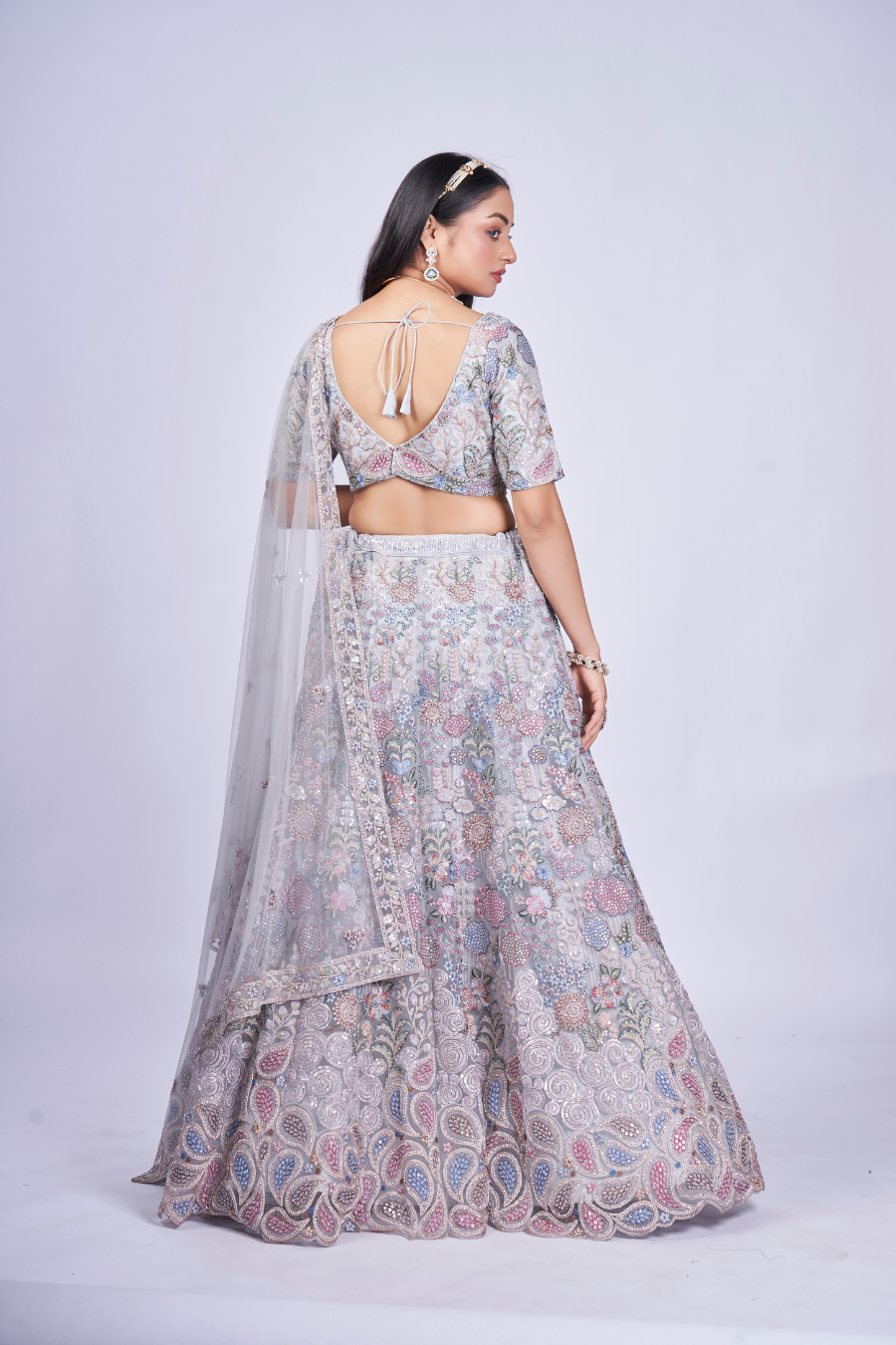 SILVER GREY MULTI-THREAD EMBROIDERED LEHENGA SET