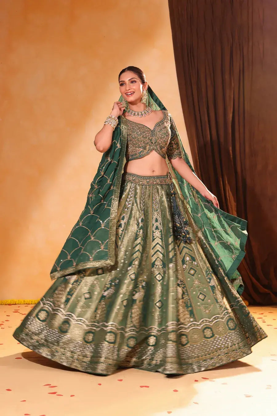 Banarasi Regal – Green Zari Embroidered Lehenga