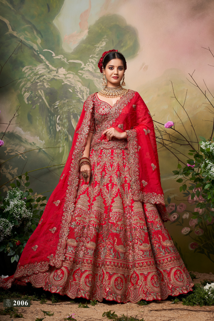RUHANIYAT RED VELVET TEMPLE BRIDAL LEHENGA SET