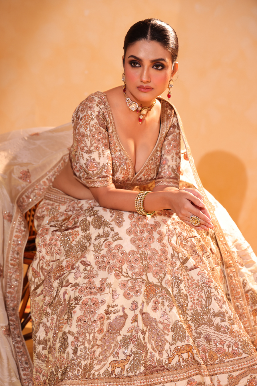 Beige Bahaar – Floral & Peacock Embroidered Lehenga