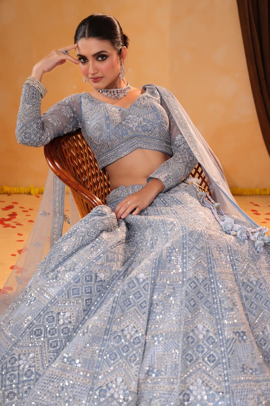 Noor-e-Aasmaan – Ice Blue Sequin & Thread Embroidered Lehenga