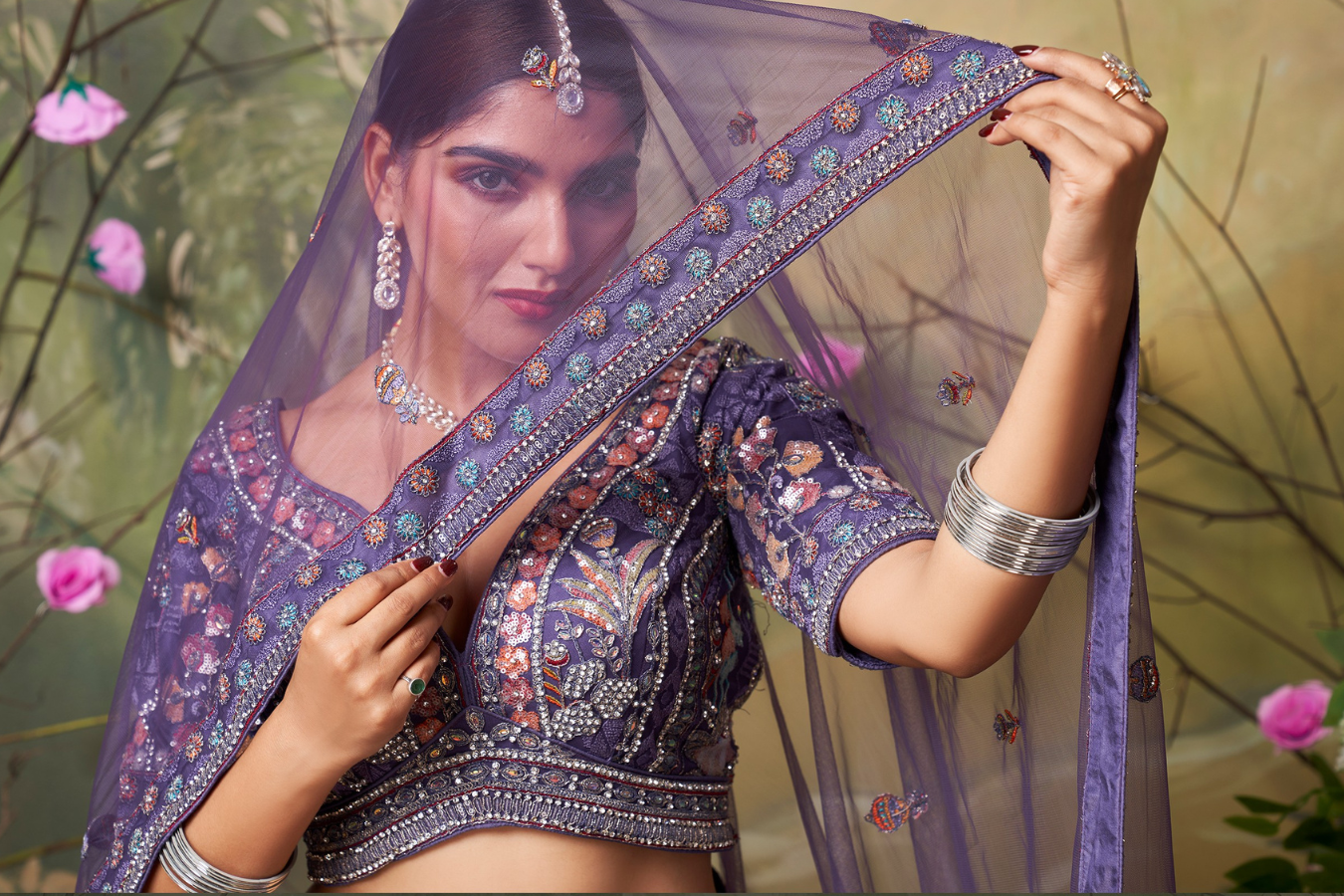FIRDAUS MIDNIGHT PURPLE FLORAL EMBROIDERED LEHENGA SET