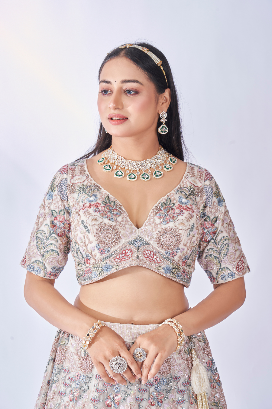 IVORY MULTI-COLOR FLORAL EMBROIDERED LEHENGA SET