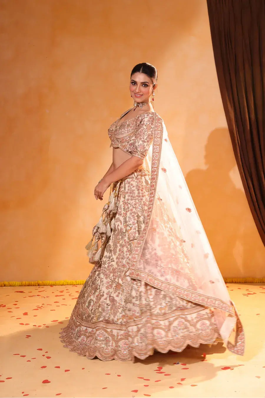 Beige Bahaar – Floral & Peacock Embroidered Lehenga