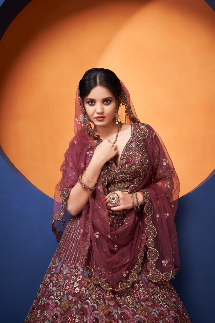 GULBAHAAR MAROON HAND-EMBROIDERED BRIDAL LEHENGA SET