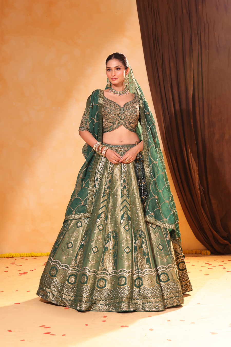 Banarasi Regal – Green Zari Embroidered Lehenga