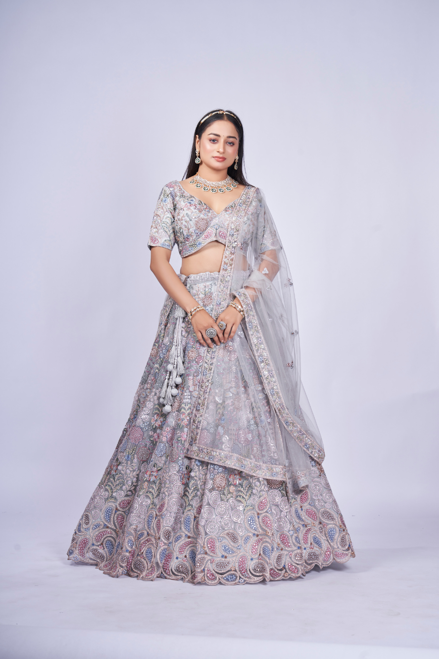 SILVER GREY MULTI-THREAD EMBROIDERED LEHENGA SET