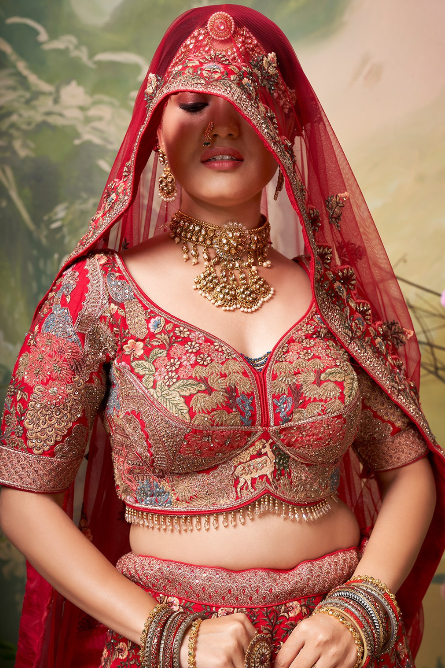 RUHANIYAT RED VELVET TEMPLE BRIDAL LEHENGA SET