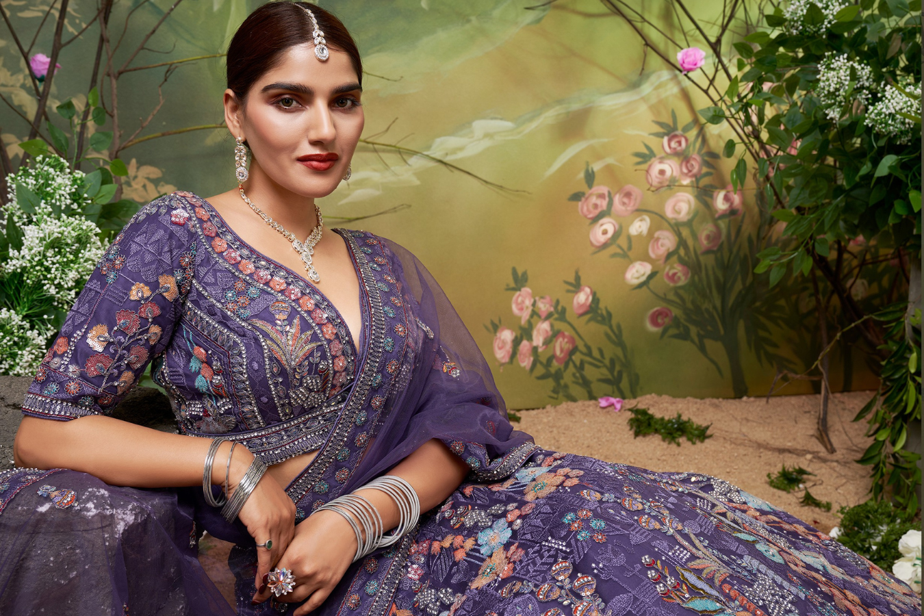 FIRDAUS MIDNIGHT PURPLE FLORAL EMBROIDERED LEHENGA SET