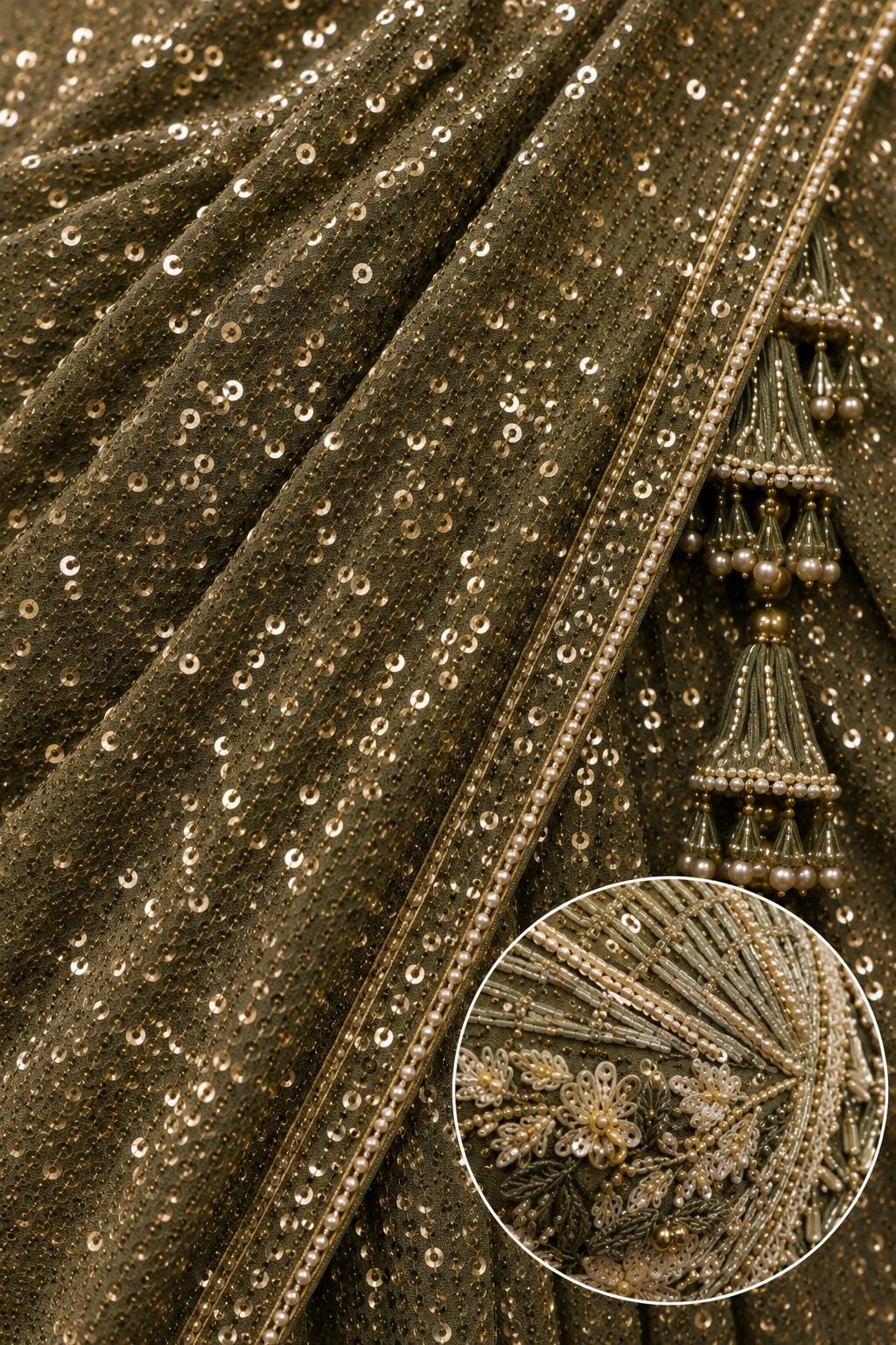 Mehndi Ready-to-Wear Drape Saree with Heavy Hand Embroidered Blouse, Designer Cocktail Saree, Imported Fabric