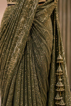 Mehndi Ready-to-Wear Drape Saree with Heavy Hand Embroidered Blouse, Designer Cocktail Saree, Imported Fabric