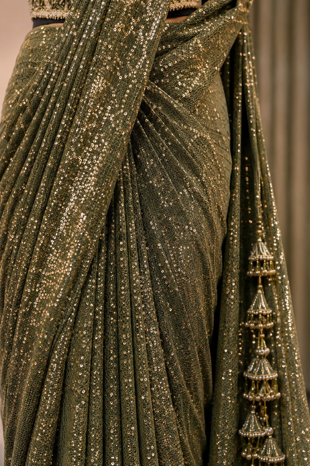 Mehndi Ready-to-Wear Drape Saree with Heavy Hand Embroidered Blouse, Designer Cocktail Saree, Imported Fabric