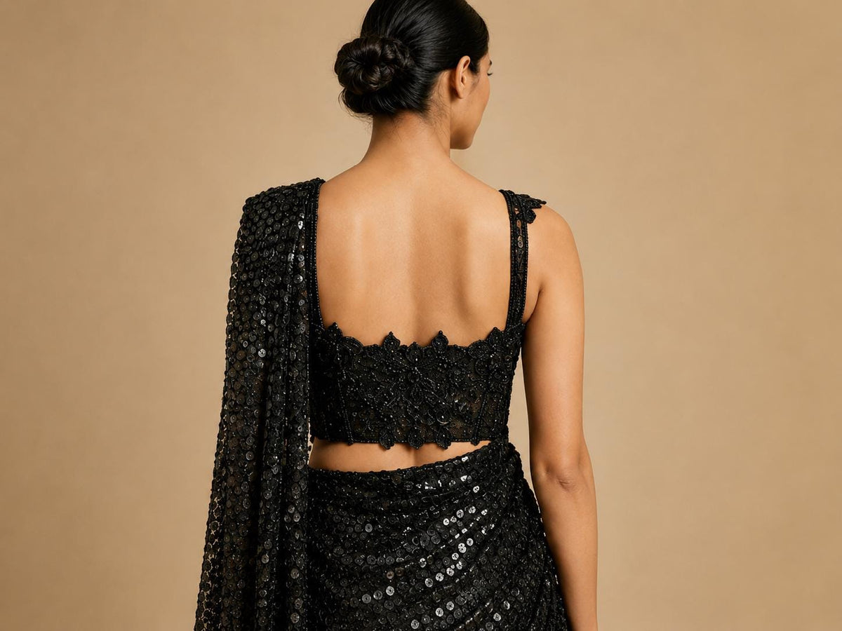 Black Ready-to-Wear Drape Saree with Heavy Hand Embroidered Blouse, Designer Cocktail Saree, Imported Fabric