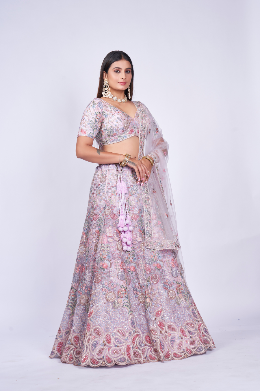 IVORY MULTI-COLOR FLORAL EMBROIDERED LEHENGA SET