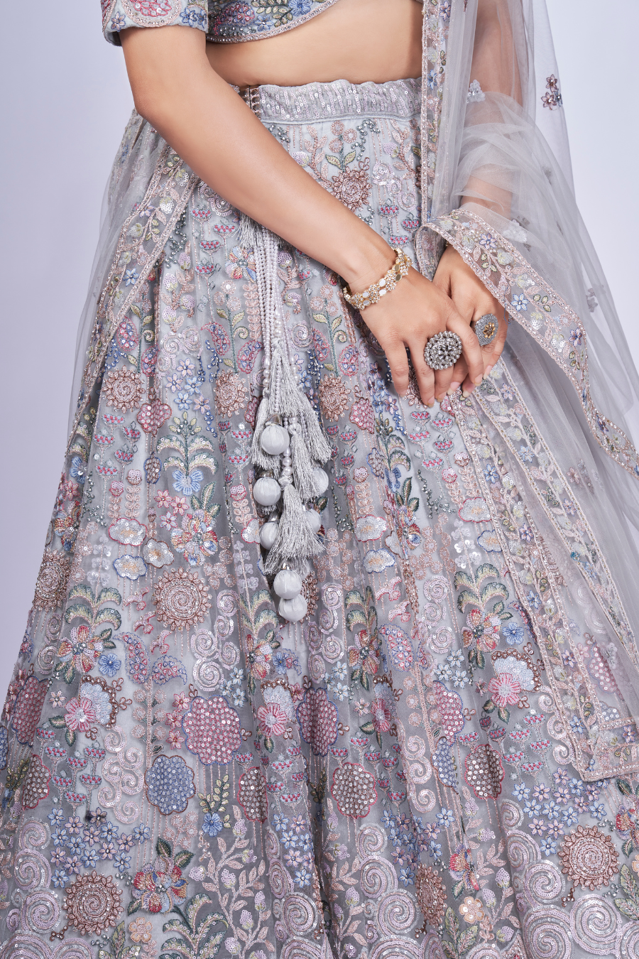 SILVER GREY MULTI-THREAD EMBROIDERED LEHENGA SET