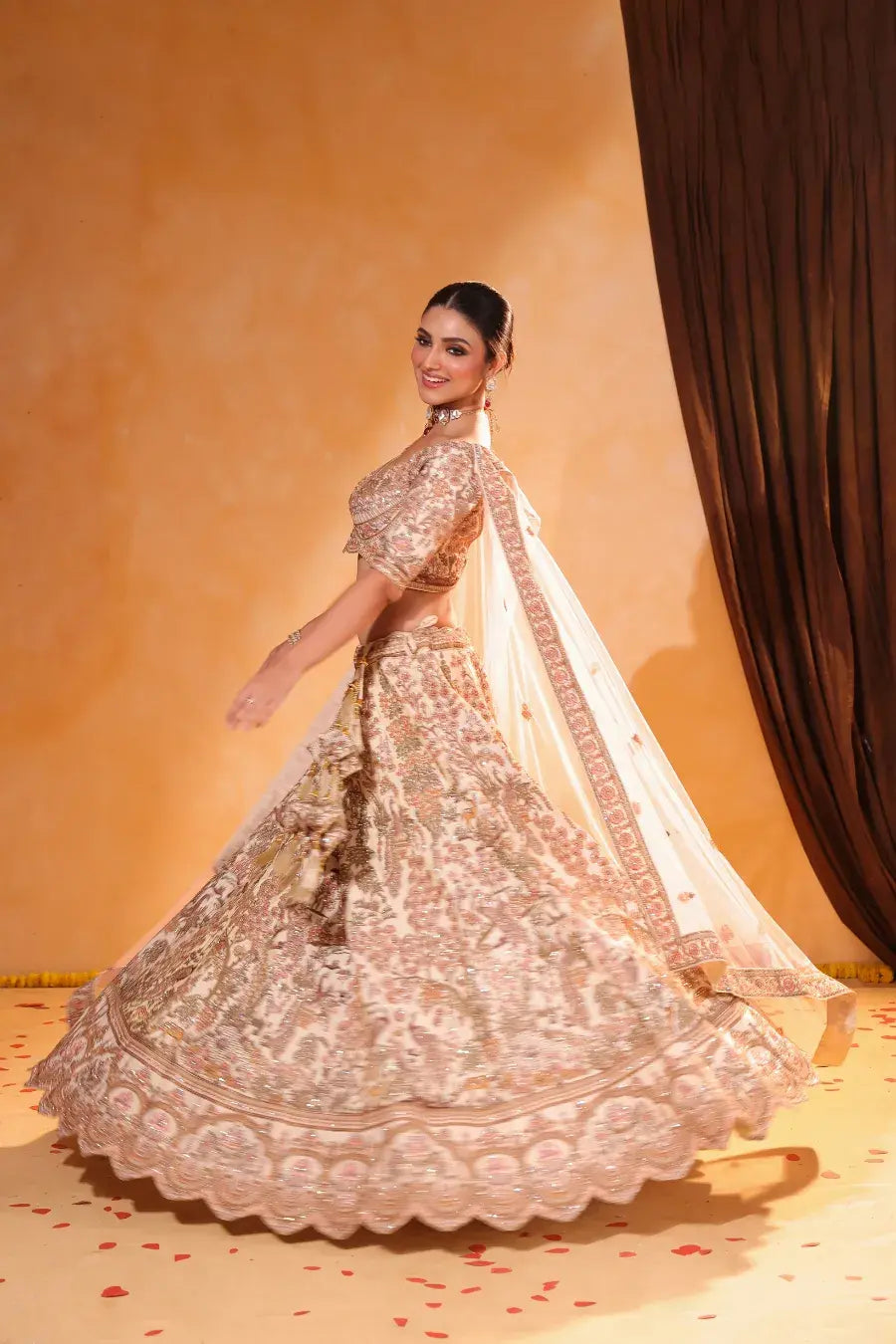 Beige Bahaar – Floral & Peacock Embroidered Lehenga