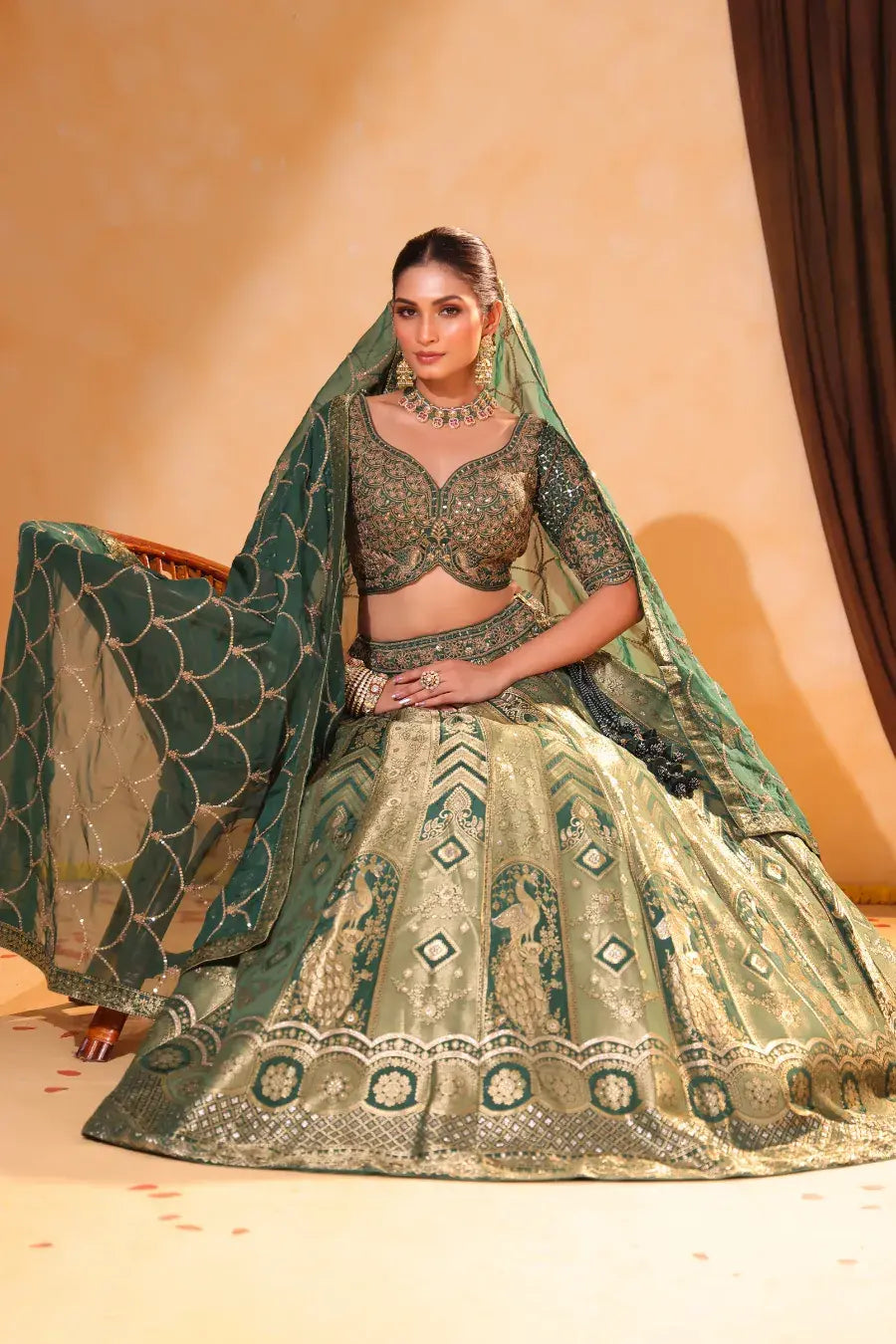 Banarasi Regal – Green Zari Embroidered Lehenga