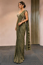 Mehndi Ready-to-Wear Drape Saree with Heavy Hand Embroidered Blouse, Designer Cocktail Saree, Imported Fabric