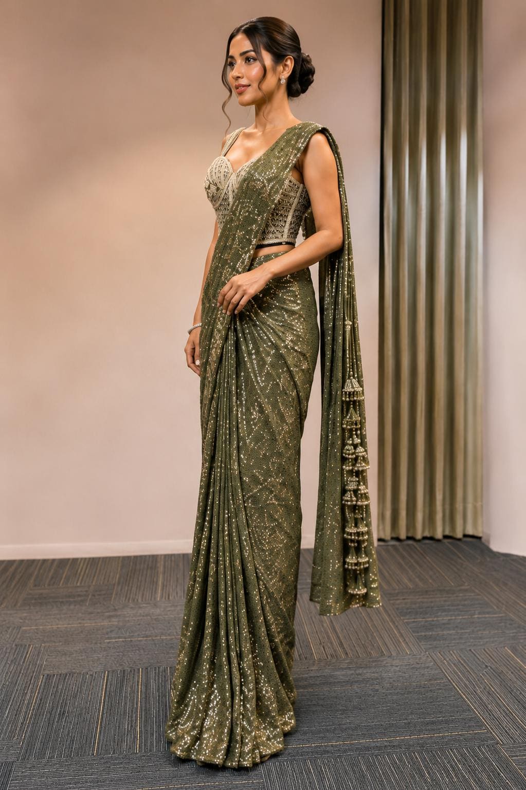 Mehndi Ready-to-Wear Drape Saree with Heavy Hand Embroidered Blouse, Designer Cocktail Saree, Imported Fabric