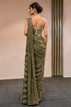 Mehndi Ready-to-Wear Drape Saree with Heavy Hand Embroidered Blouse, Designer Cocktail Saree, Imported Fabric