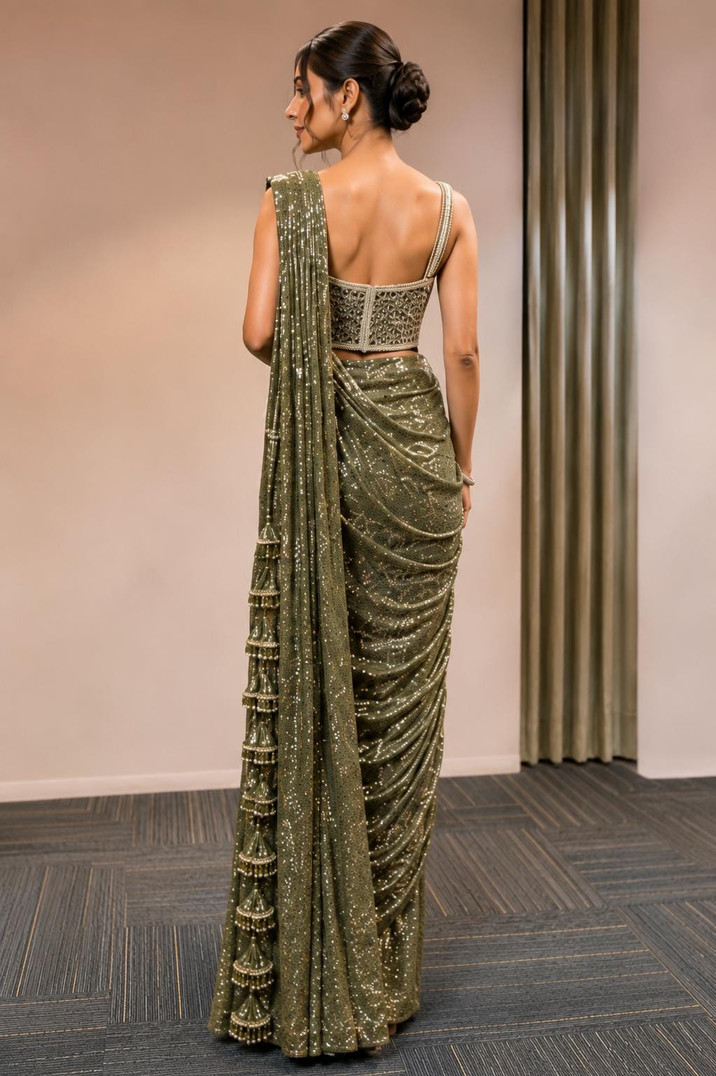 Mehndi Ready-to-Wear Drape Saree with Heavy Hand Embroidered Blouse, Designer Cocktail Saree, Imported Fabric