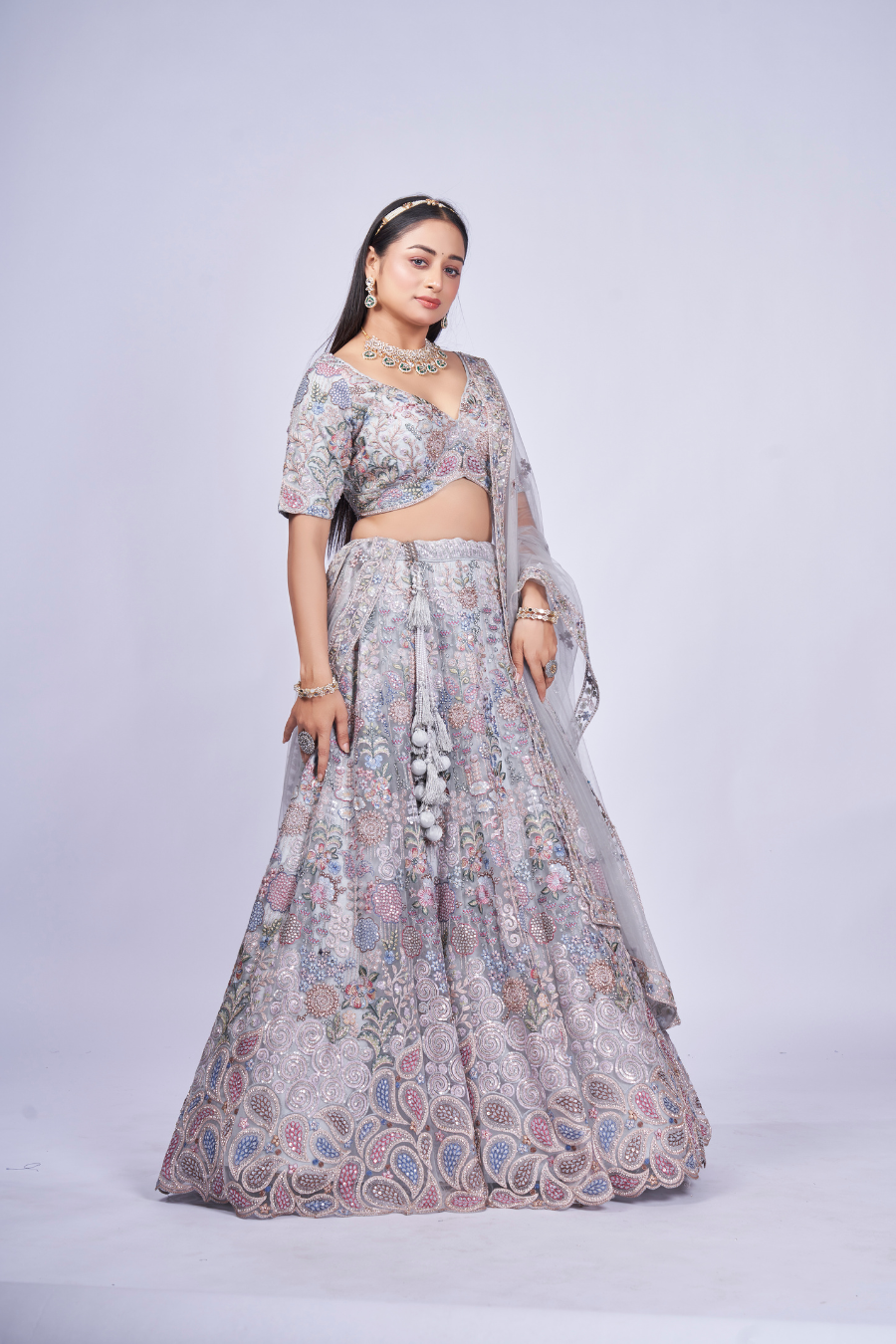 SILVER GREY MULTI-THREAD EMBROIDERED LEHENGA SET