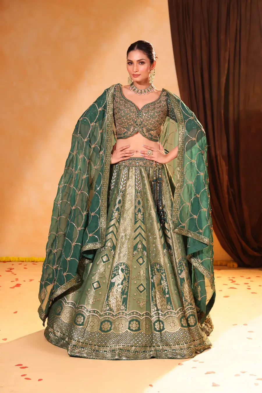 Banarasi Regal – Green Zari Embroidered Lehenga