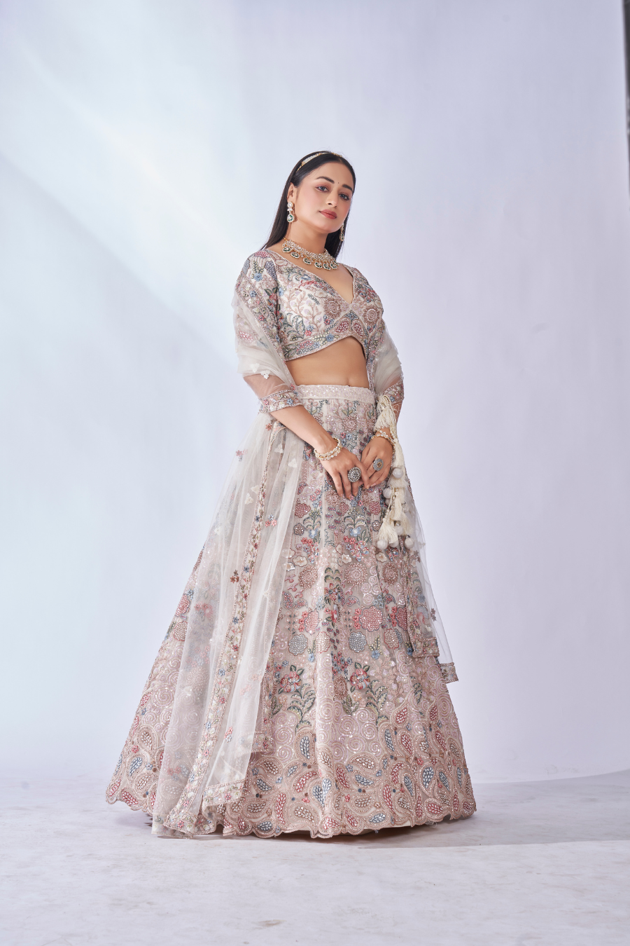 IVORY MULTI-COLOR FLORAL EMBROIDERED LEHENGA SET