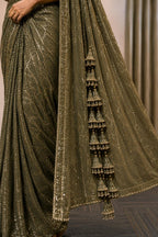 Mehndi Ready-to-Wear Drape Saree with Heavy Hand Embroidered Blouse, Designer Cocktail Saree, Imported Fabric