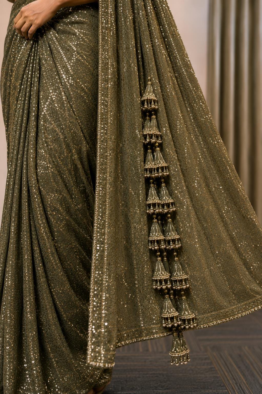 Mehndi Ready-to-Wear Drape Saree with Heavy Hand Embroidered Blouse, Designer Cocktail Saree, Imported Fabric