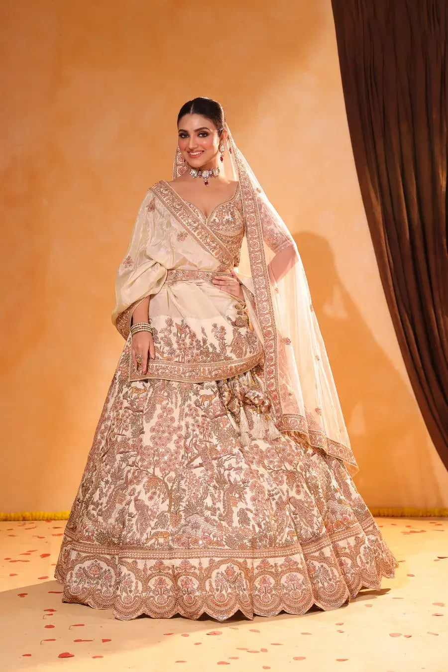 Beige Bahaar – Floral & Peacock Embroidered Lehenga