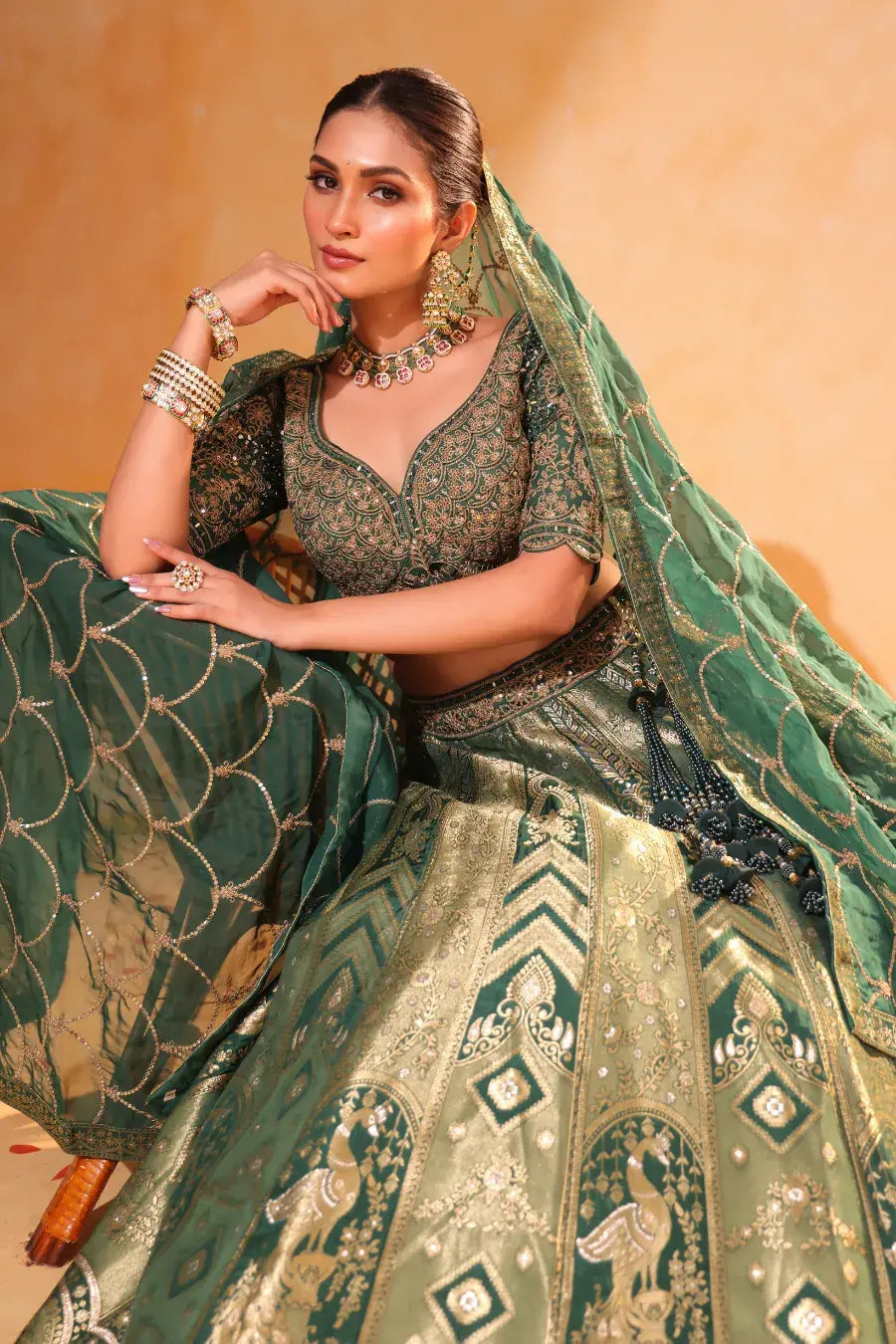 Banarasi Regal – Green Zari Embroidered Lehenga