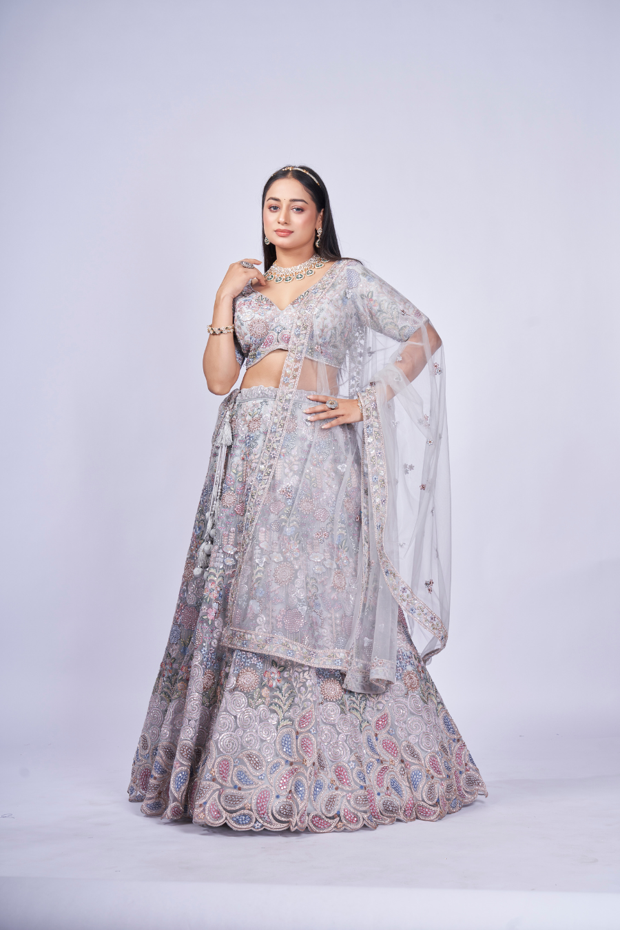 SILVER GREY MULTI-THREAD EMBROIDERED LEHENGA SET