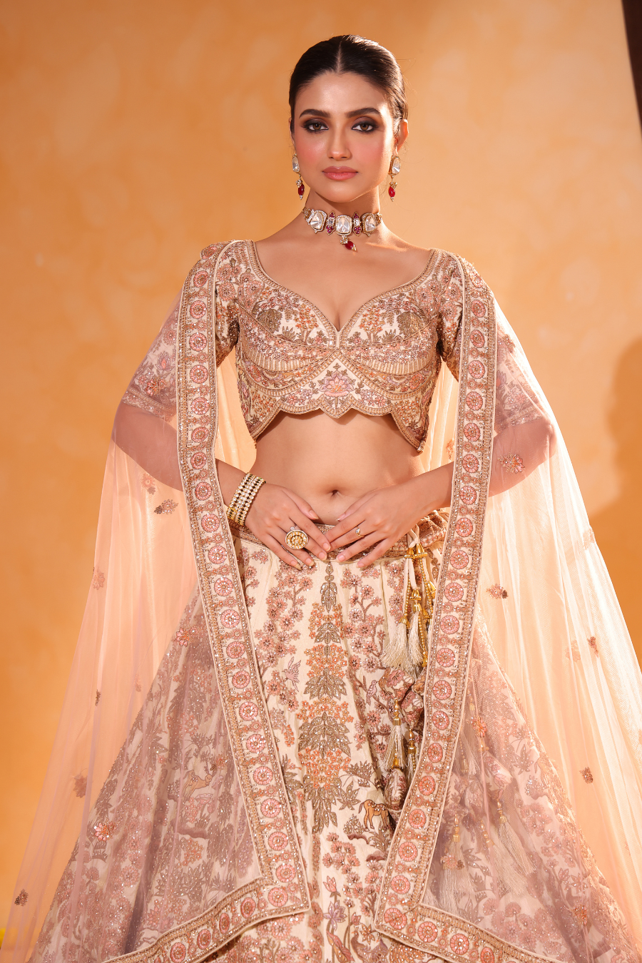 Beige Bahaar – Floral & Peacock Embroidered Lehenga