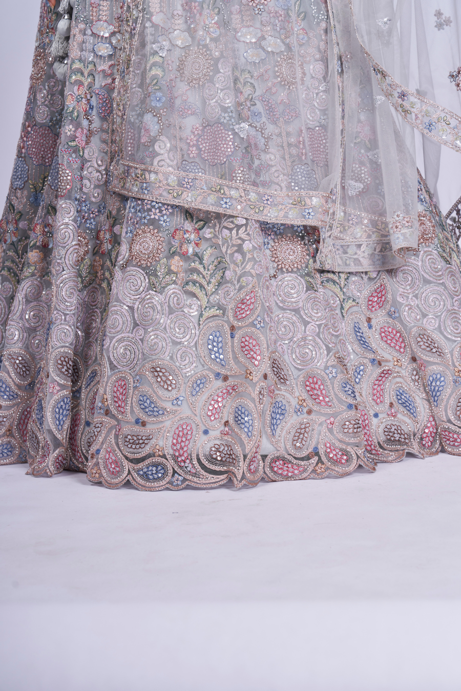SILVER GREY MULTI-THREAD EMBROIDERED LEHENGA SET