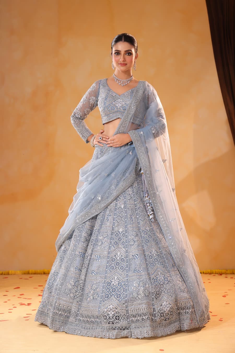 Noor-e-Aasmaan – Ice Blue Sequin & Thread Embroidered Lehenga