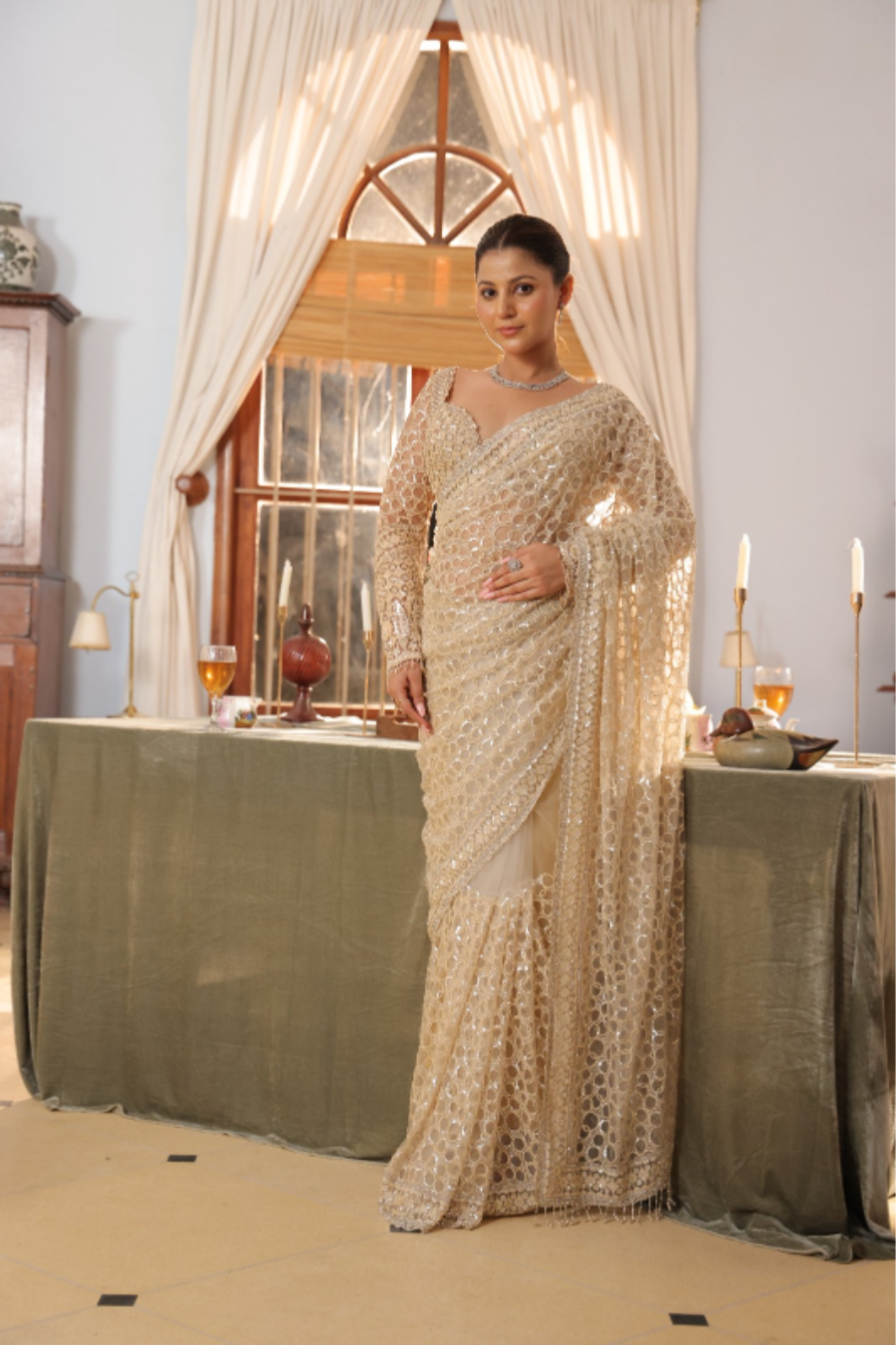Champagne Mirror Royale Hand-Embellished Saree