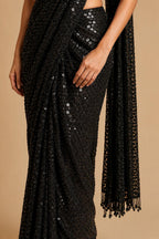 Black Ready-to-Wear Drape Saree with Heavy Hand Embroidered Blouse, Designer Cocktail Saree, Imported Fabric